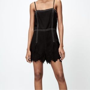 Zara black short jumpsuit romper with topstitching & lace design size XS, NWT